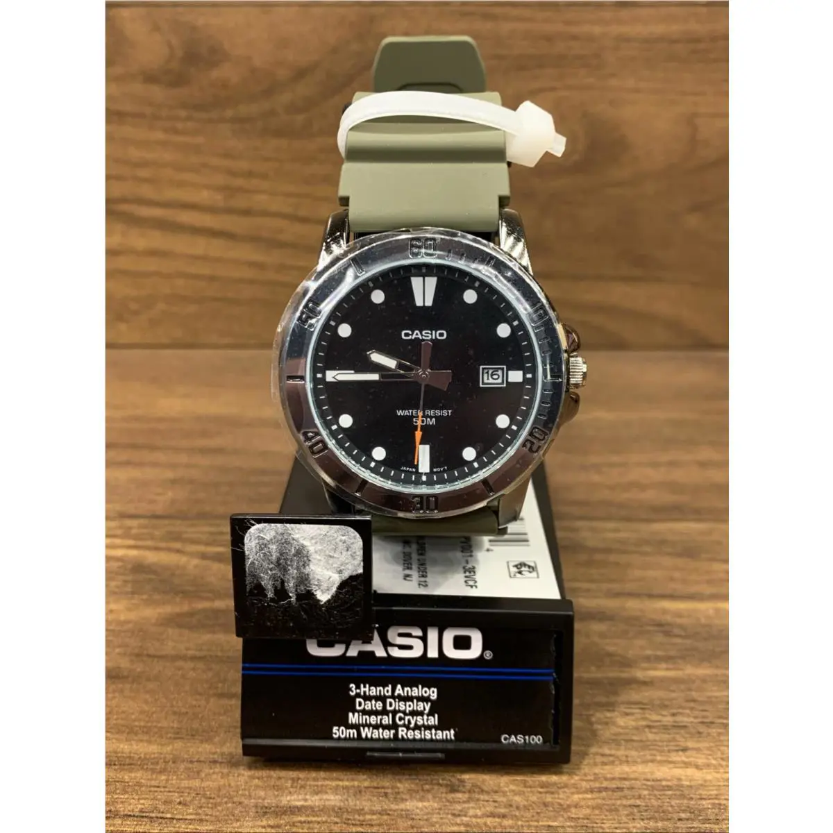 Casio Green Resin Strap Black Dial Luminous Hands Quartz MTP-VD01-3E Mens Watch