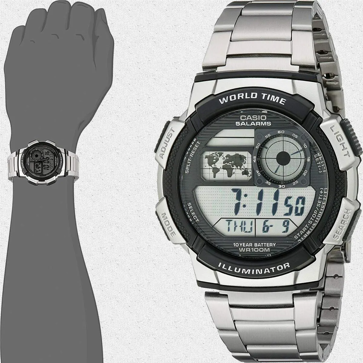 Casio AE-1000WD-1AV Steel Band World Time Watch 5 Alarms 10 Year Battery