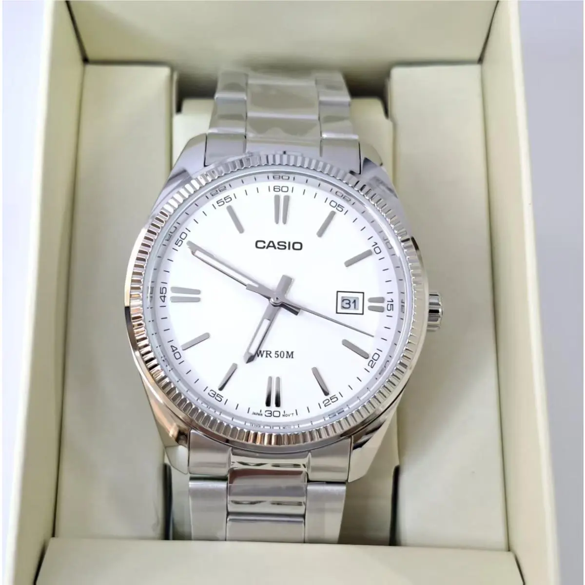 Casio MTP-1302D-7A1 Mens Watch Stainless Steel Band Analog White Dial MTP1302D