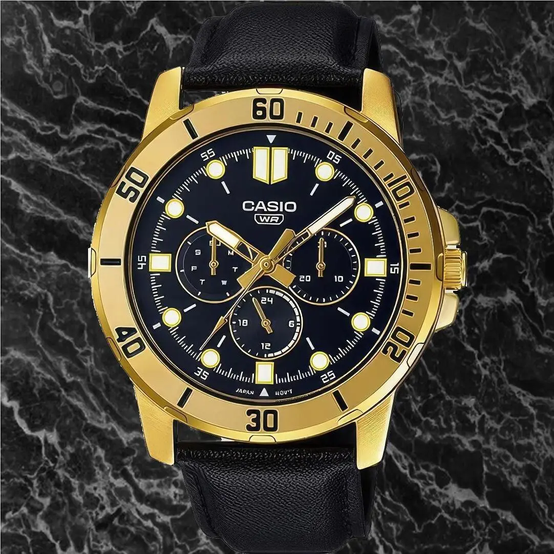 Casio MTP-VD300GL-1E Men`s Black Dial Analog Watch Black Leather Band