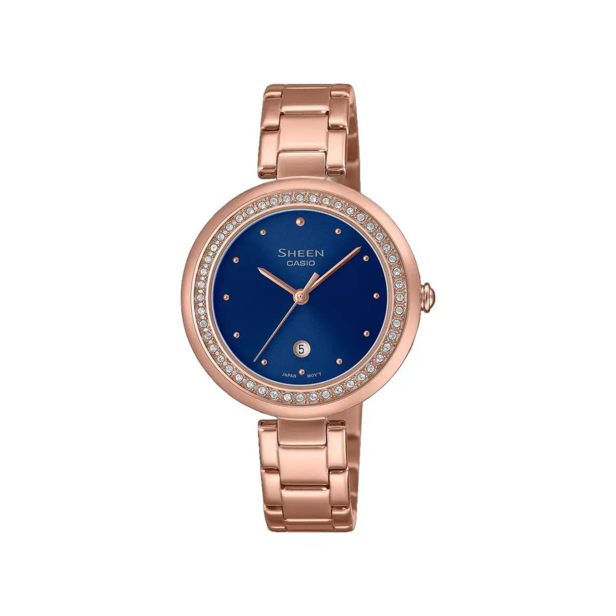 Casio Sheen Watch Women Pink Gold Blue Dial Crystals Analog Gift Box Valentine - Blue, Gold, Pink
