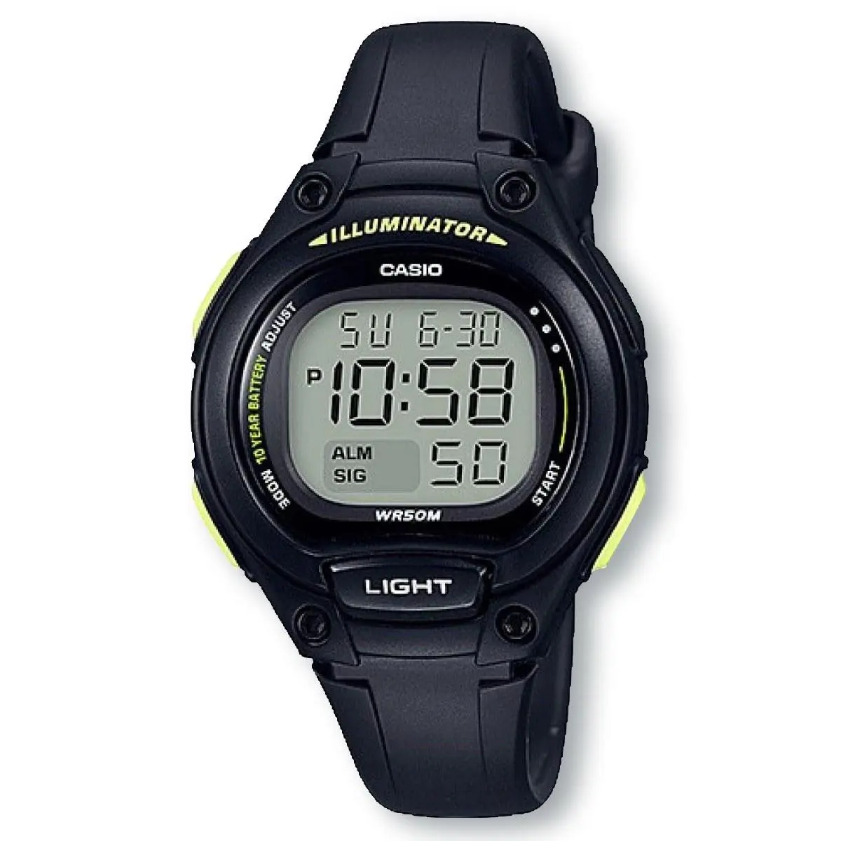 Casio LW203-1B Illuminator Digital Sports Watch Black - Dial: Black, Band: Black, Bezel: Black, Yellow