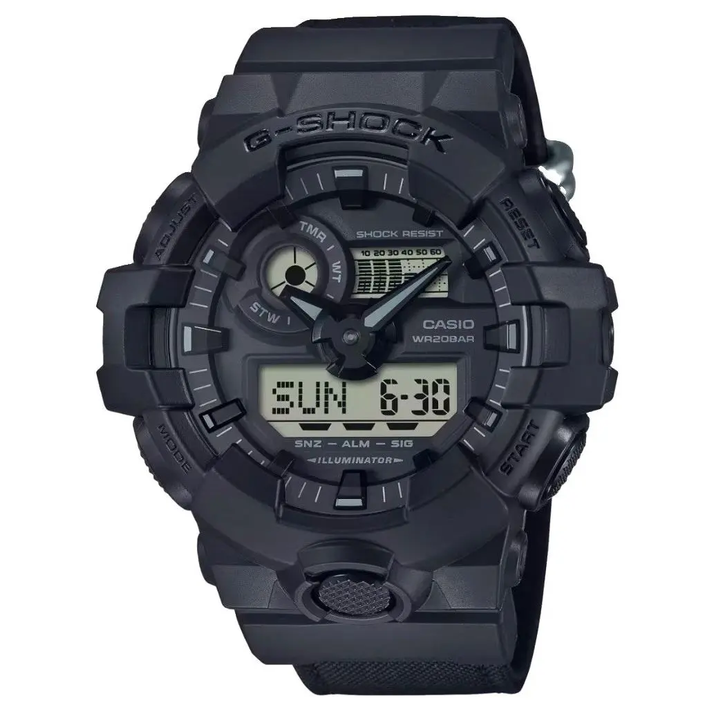 Casio G-shock GA-700 Series Analog Digital Nylon Watch GA-700BCE-1ACR - Dial: Black, Band: Black, Bezel: Black, White