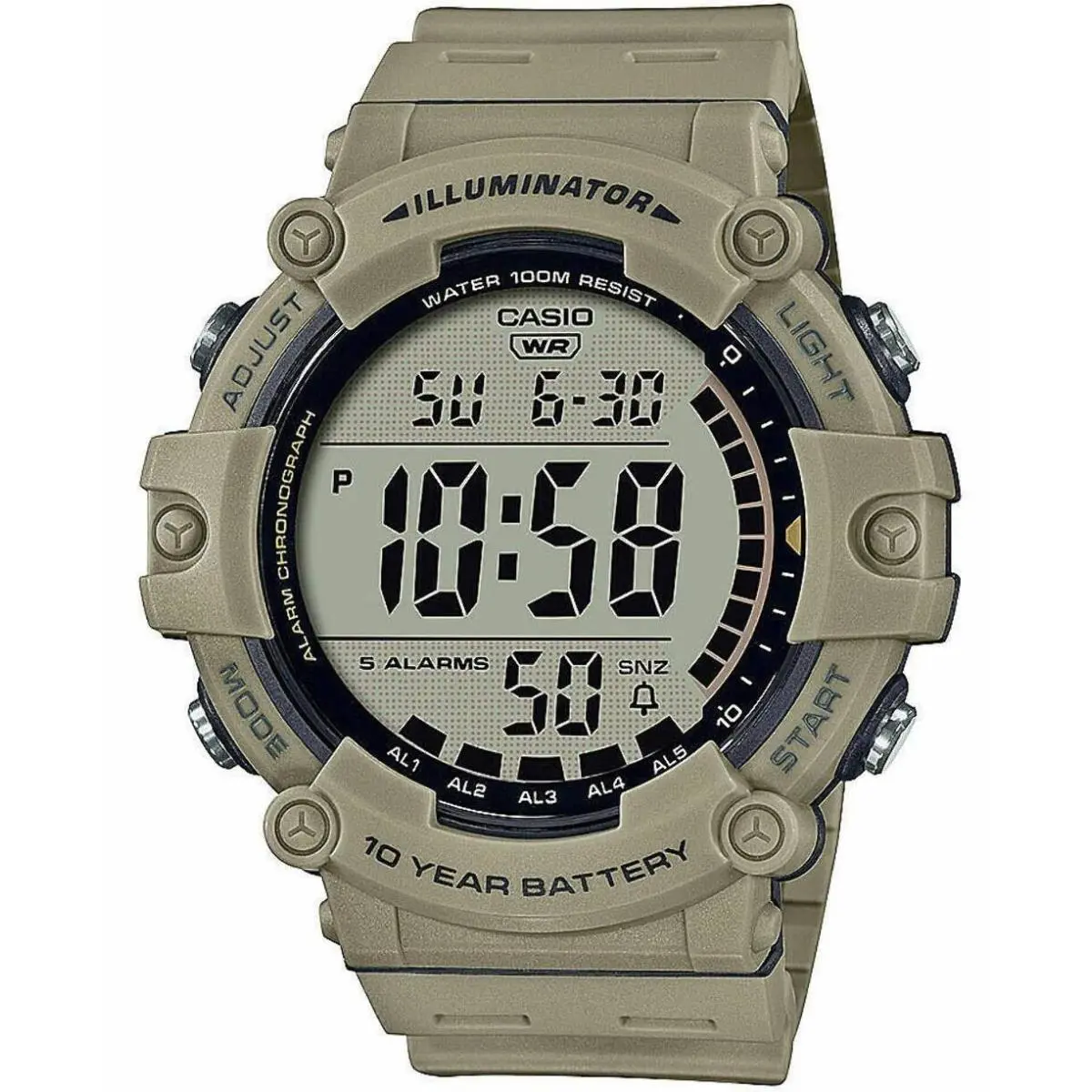Casio AE1500WH-5AV Digital Watch Resin Band 100M Water Resistant Wide Display AE - Khaki, Dial: Grey, Band: Beige