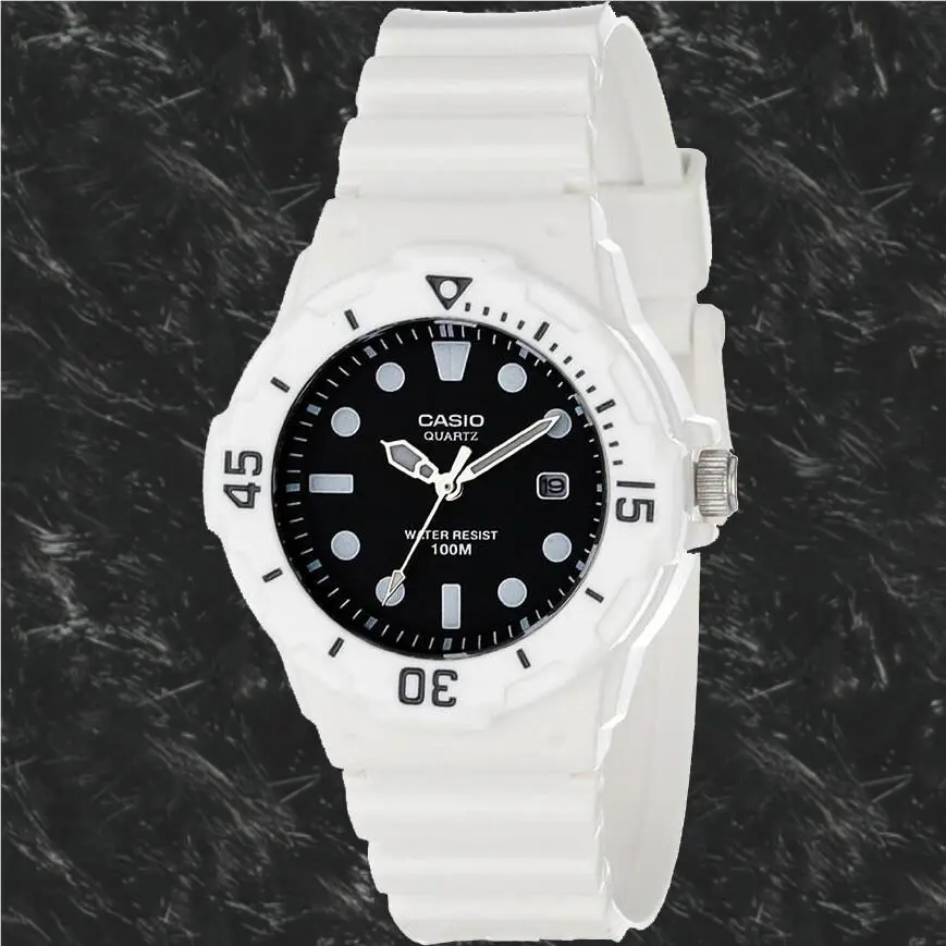 Casio LRW200H-1EV Ladies Watch Analog Black Dial Date 100m WR White Band