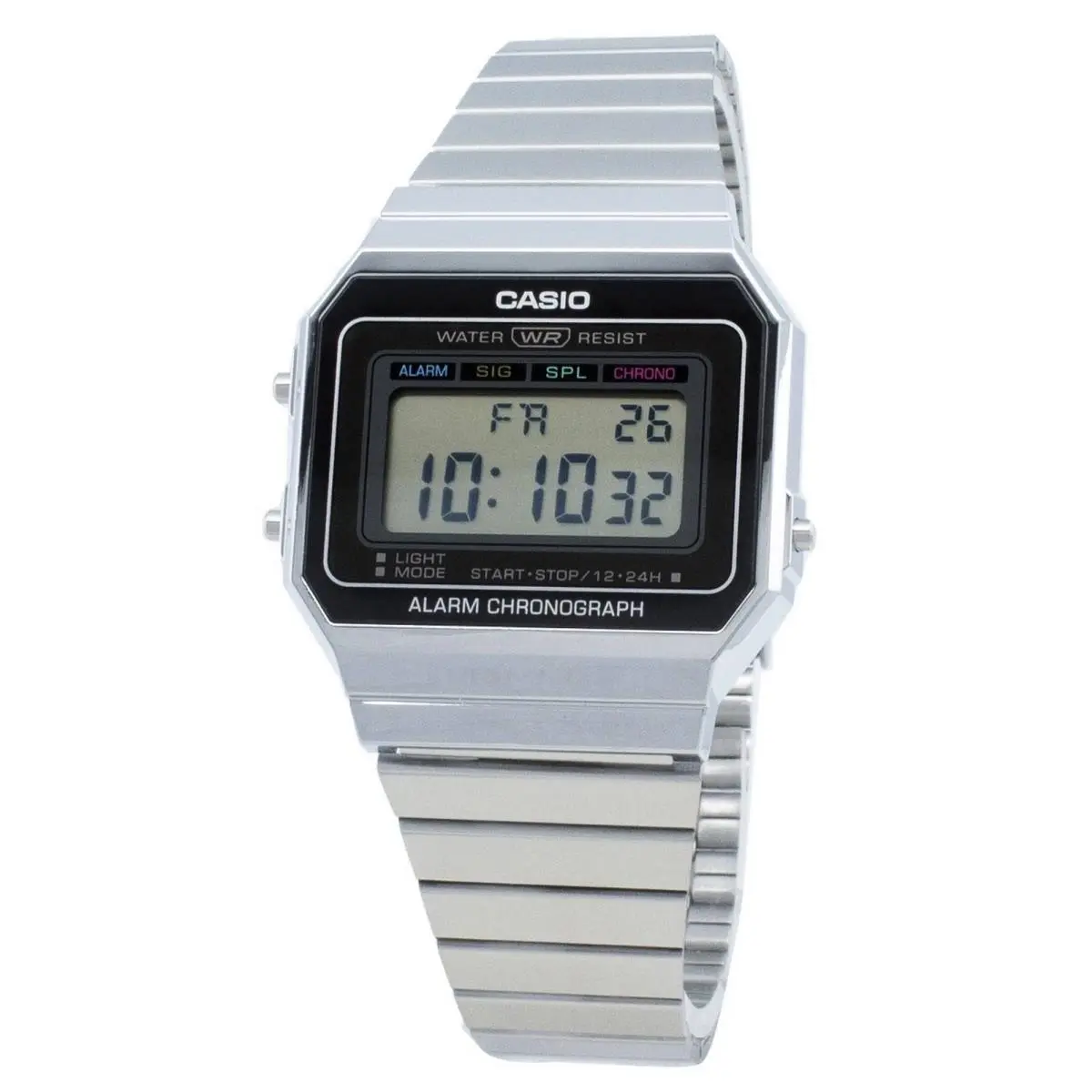 Casio Digital Alarm Chronograph Stopwatch A700W-1A A700W-1 Quartz Mens Watch 30M - Dial: Grey, Band: Silver, Bezel: No Bezel