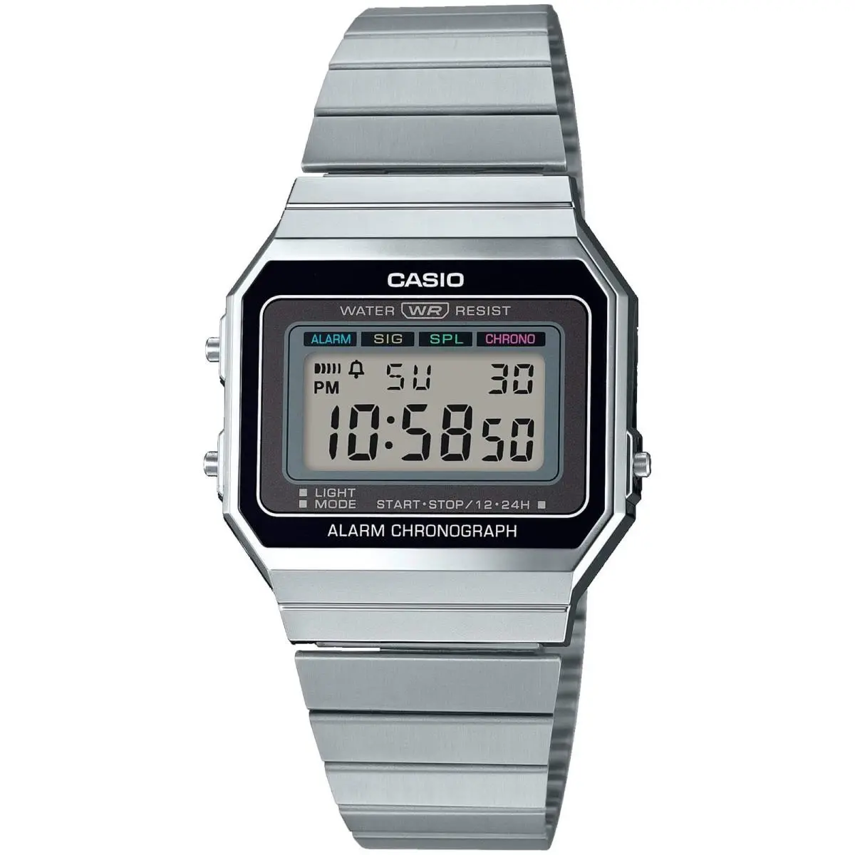 Men`s Watch Chronograph Grey Digital Dial Silver Steel Bracelet A-700W-1A by Casio