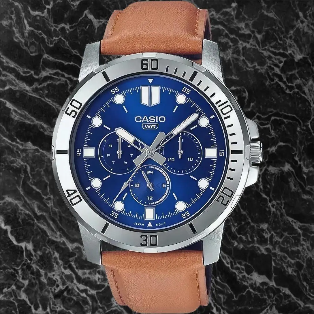 Casio MTP-VD300L-2E Men`s Blue Dial Analog Watch Brown Leather Band 3 Dials