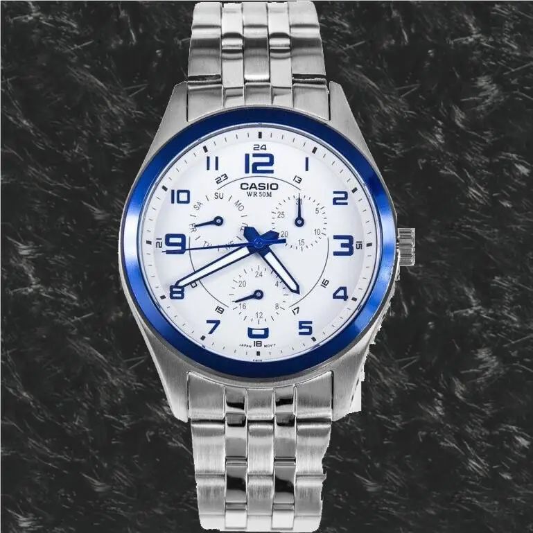 Casio Men`s MTP1352D-8B1 Mens Stainless Steel Multi-dial Dress Watch White Blue