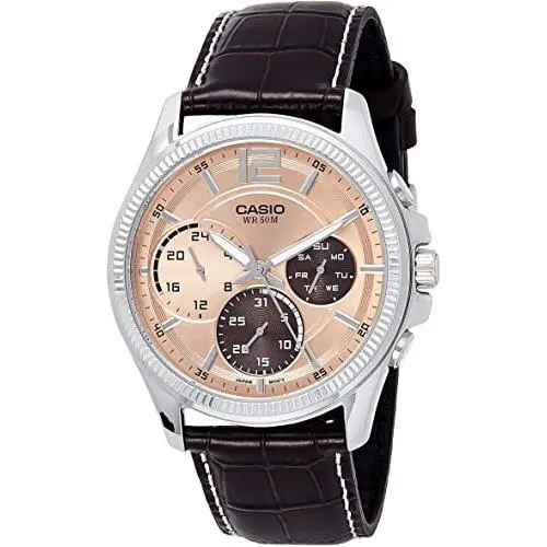 Men`s Casio MTP-E305L-5AVDF Brown Leather Brown Dial Analog Round Wrist Watch