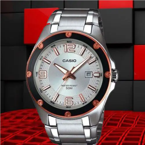Casio MTP1346D-7A2 Mens Stainless Steel Watch Dress Silver Red Dial Date