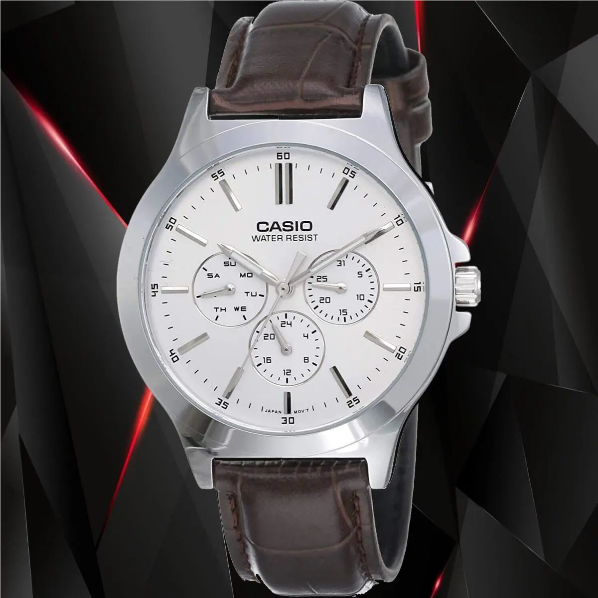 Casio MTP-V300L-7A Men`s Analog Watch Brown Leather Band 3 Dials Dress