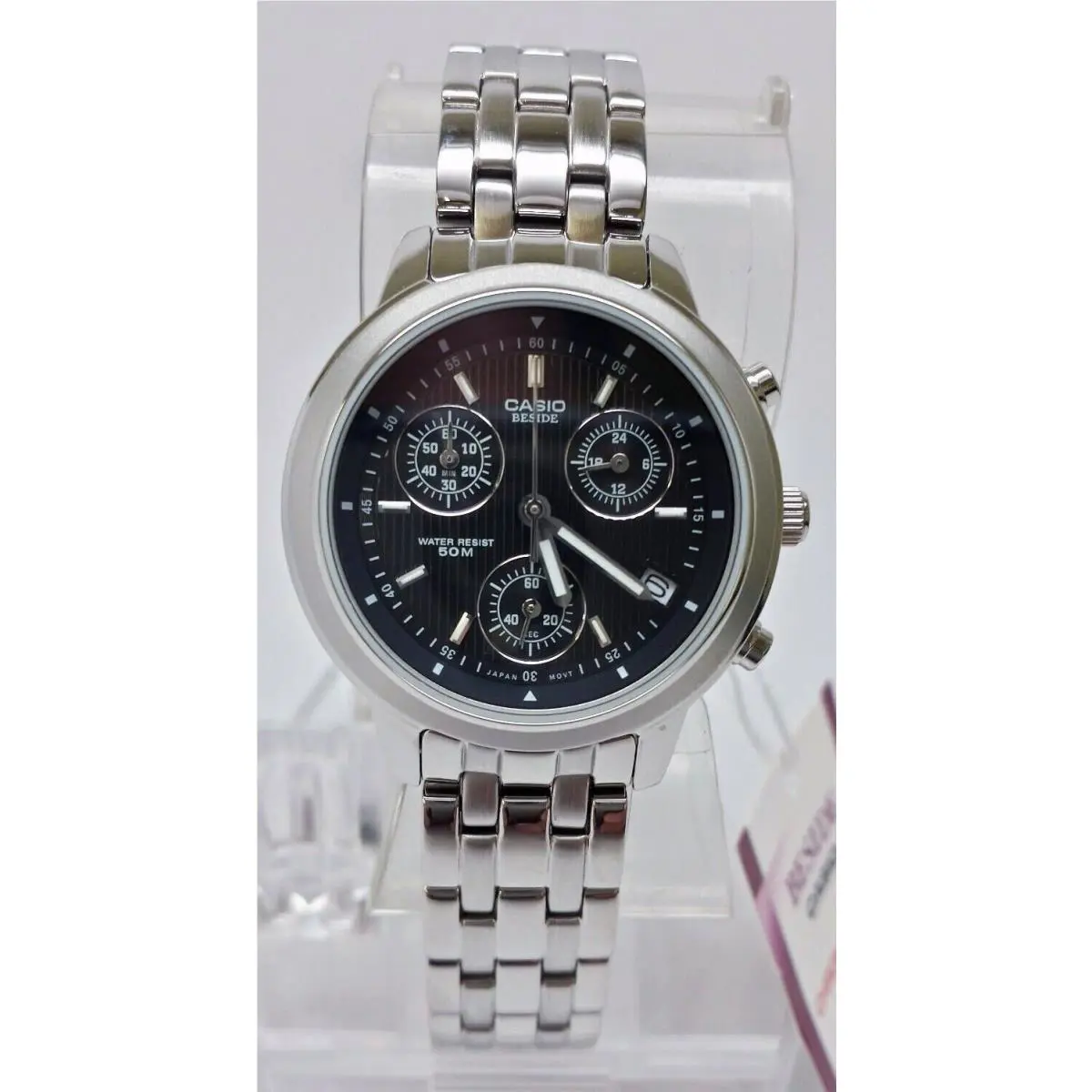 Casio Beside BEL-500D-1A Women`s Black Chronograph Watch 2-Dials Stainless Steel
