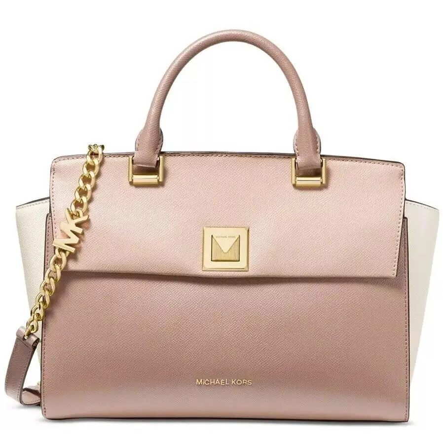 Michael Kors Sylvia Tricolor Crossgrain Leather Top Zip Satchel Bag Pink