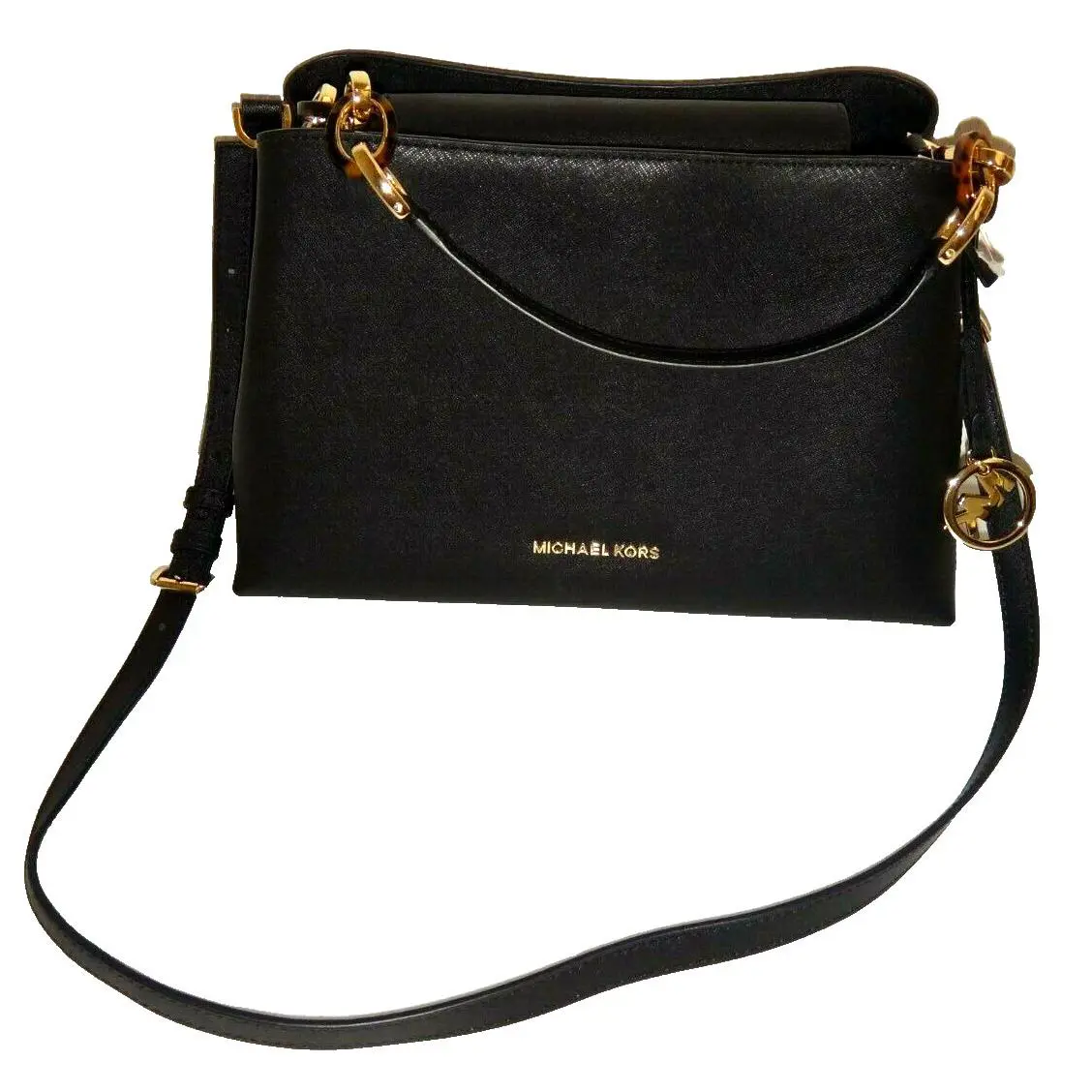 Michael Kors Portia MK LG EW Shoulder Bag Black Saffiano Leather Gold Tortoise