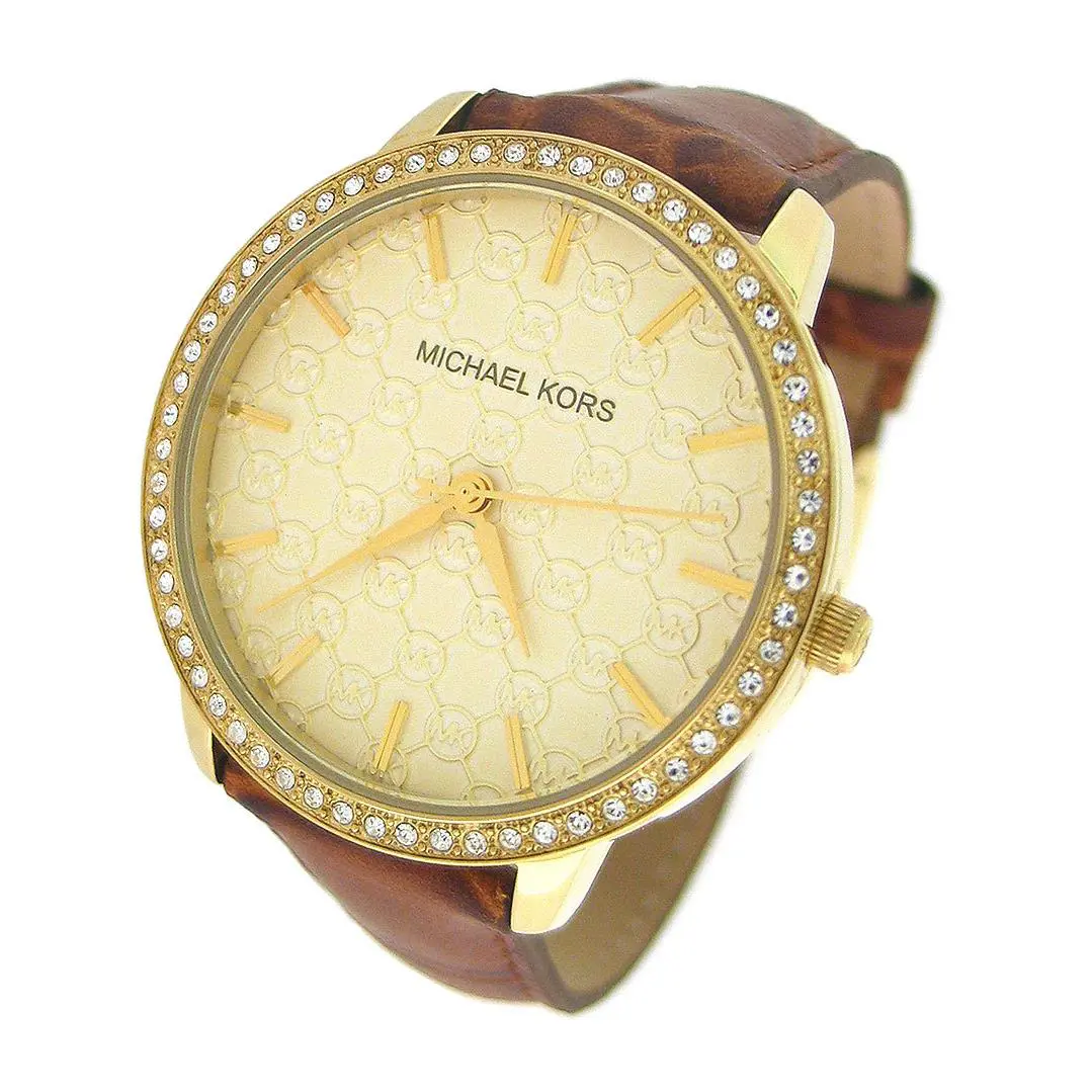 Michael Kors Gold Tone Luggage Brown Leather Band Glitz Crystal WATCH-MK2217
