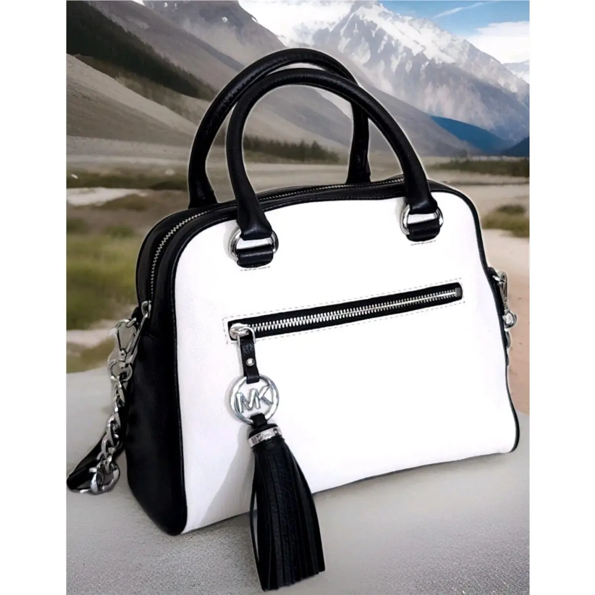 Michael Kors Knox Tassel White Black Leather Silver Crossbody Satchel Bag