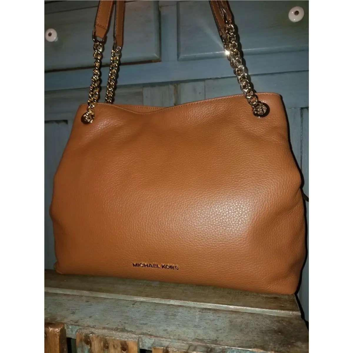 Jet Set Tan Brown Pebble Leather Chain Shoulder Bag Hobo Tote Large by Michael Kors