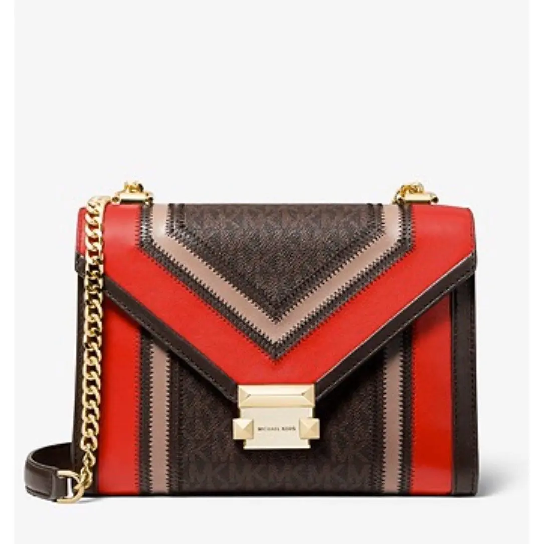 Michael Kors Whitney Signature Colorblock Shoulder Bag Logo Brown Red