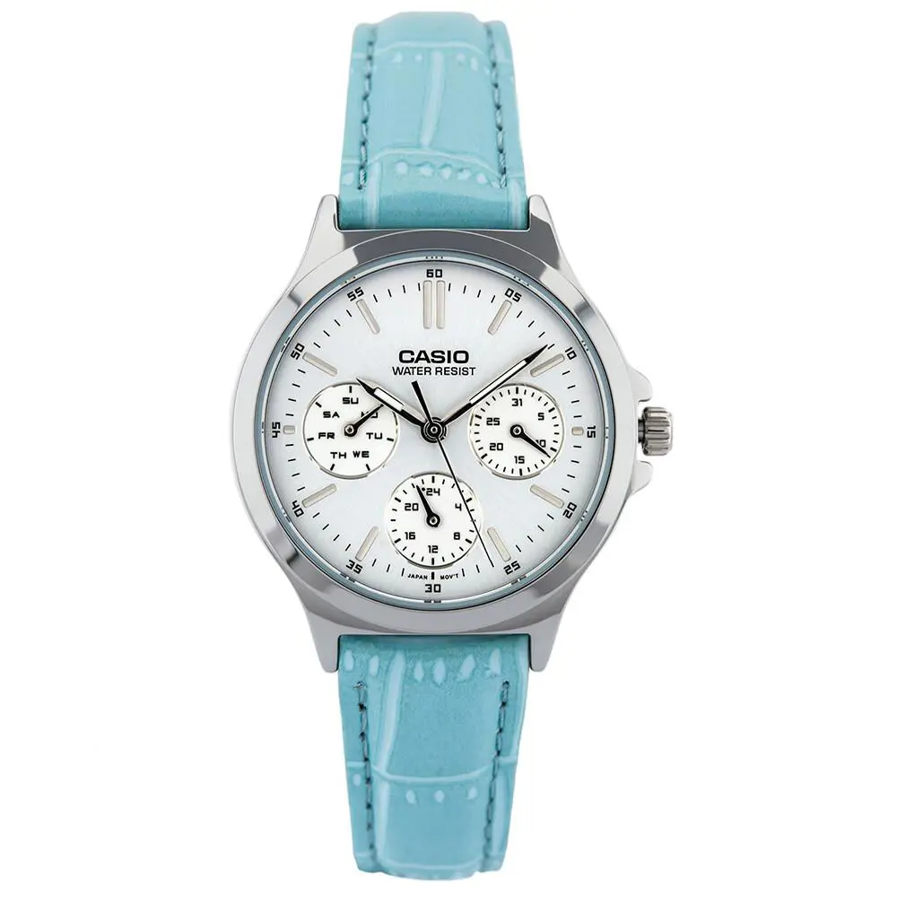Casio Women`s Enticer Round Analog Blue Band White Dial Watch LTP-V300L-2AUDF - White, Dial: Silver, Band: Blue