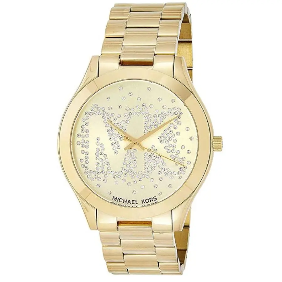 Womens Slim Runway Gold Tone Watch MK Logo Crystal Pave Dial MK3590 by Michael Kors