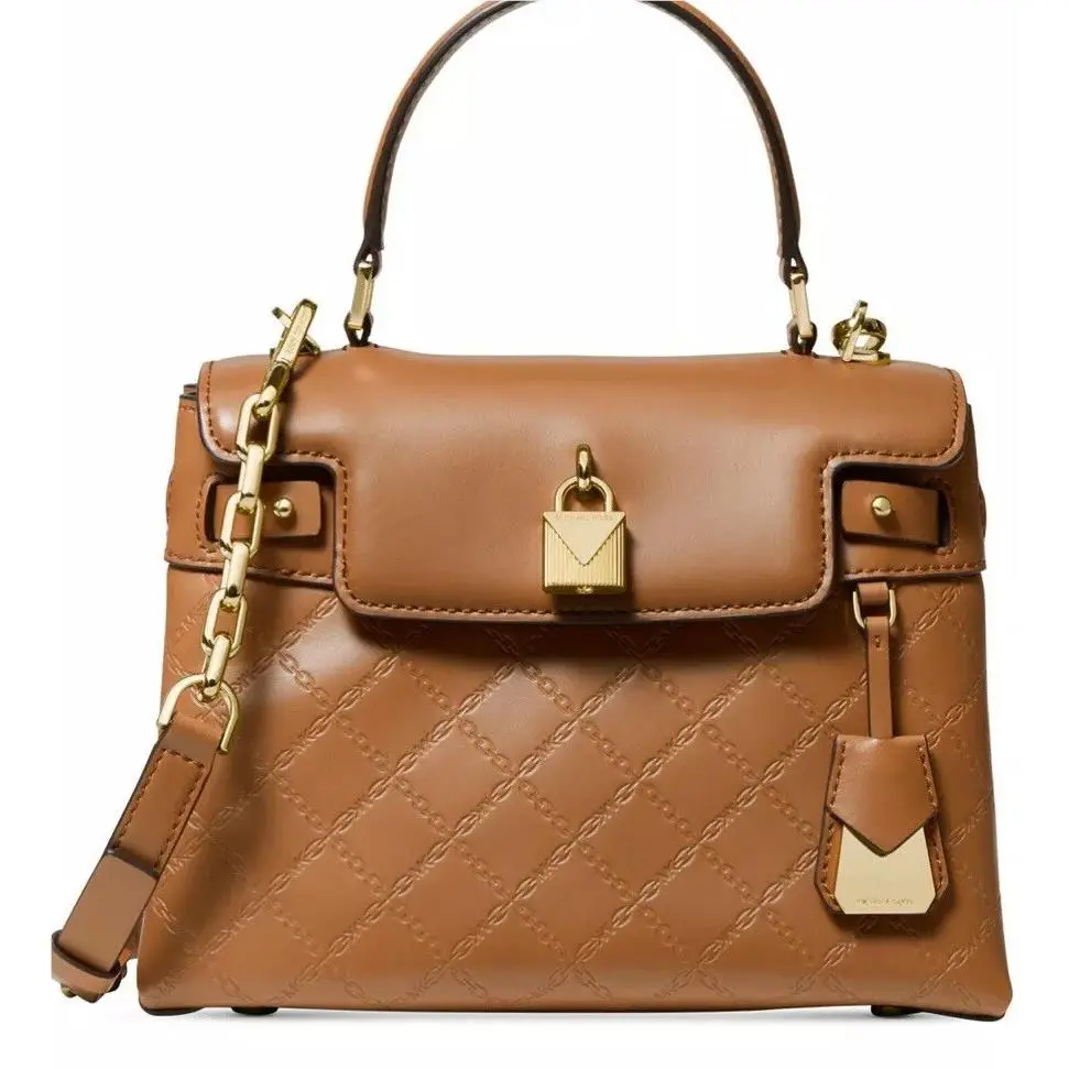 Michael Kors Gramercy Chain Embossed Leather Satchel Acorn Gold Bag