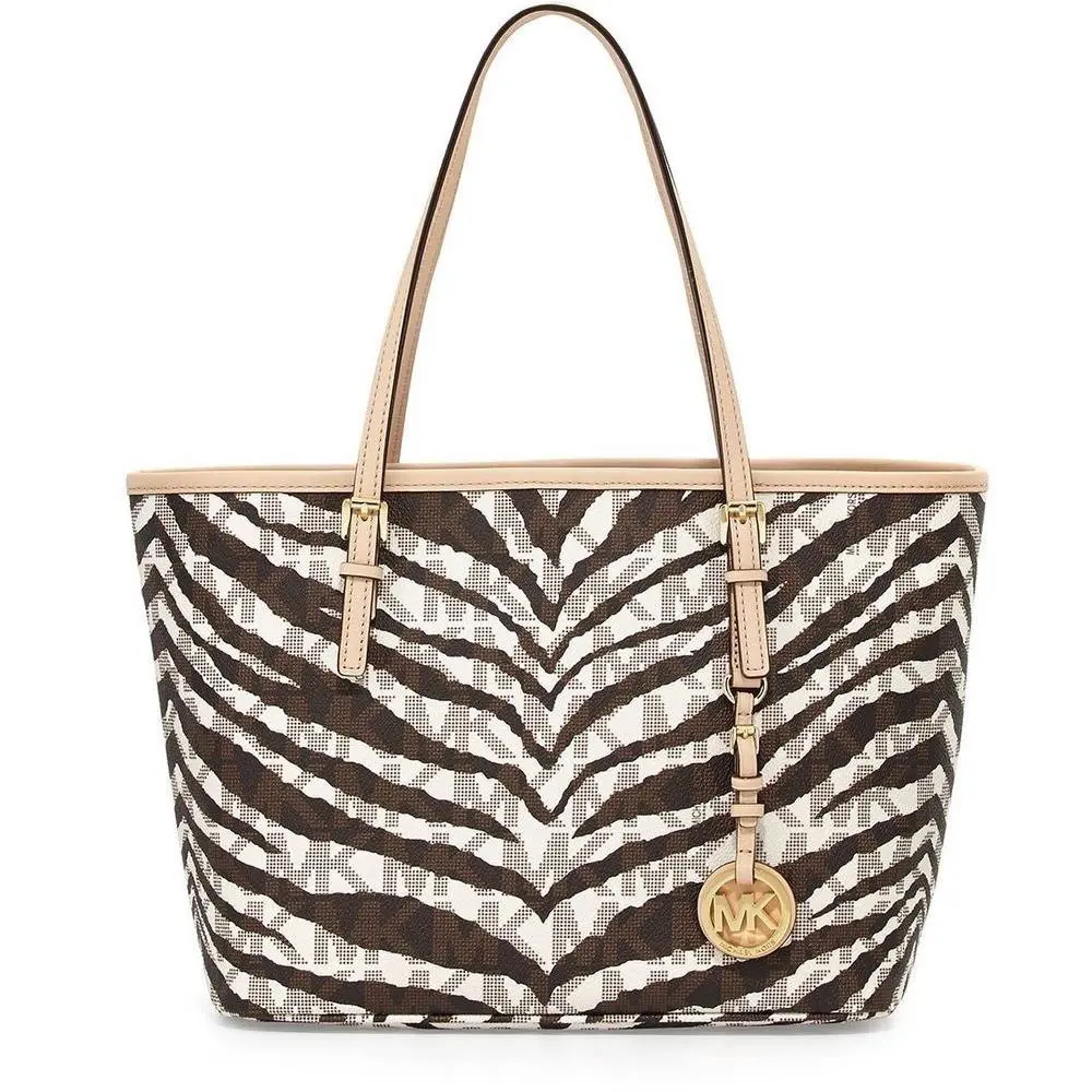 Michael Kors Medium White Tiger Jet Set Travel Tote Gold Metal Retails 325.00