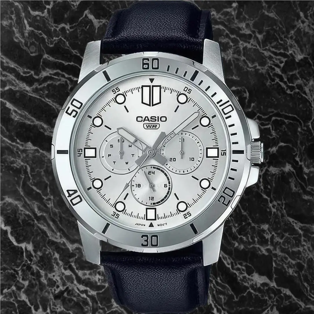Casio MTP-VD300L-7E Men`s Silver Dial Analog Watch Black Leather Band 3 Dial