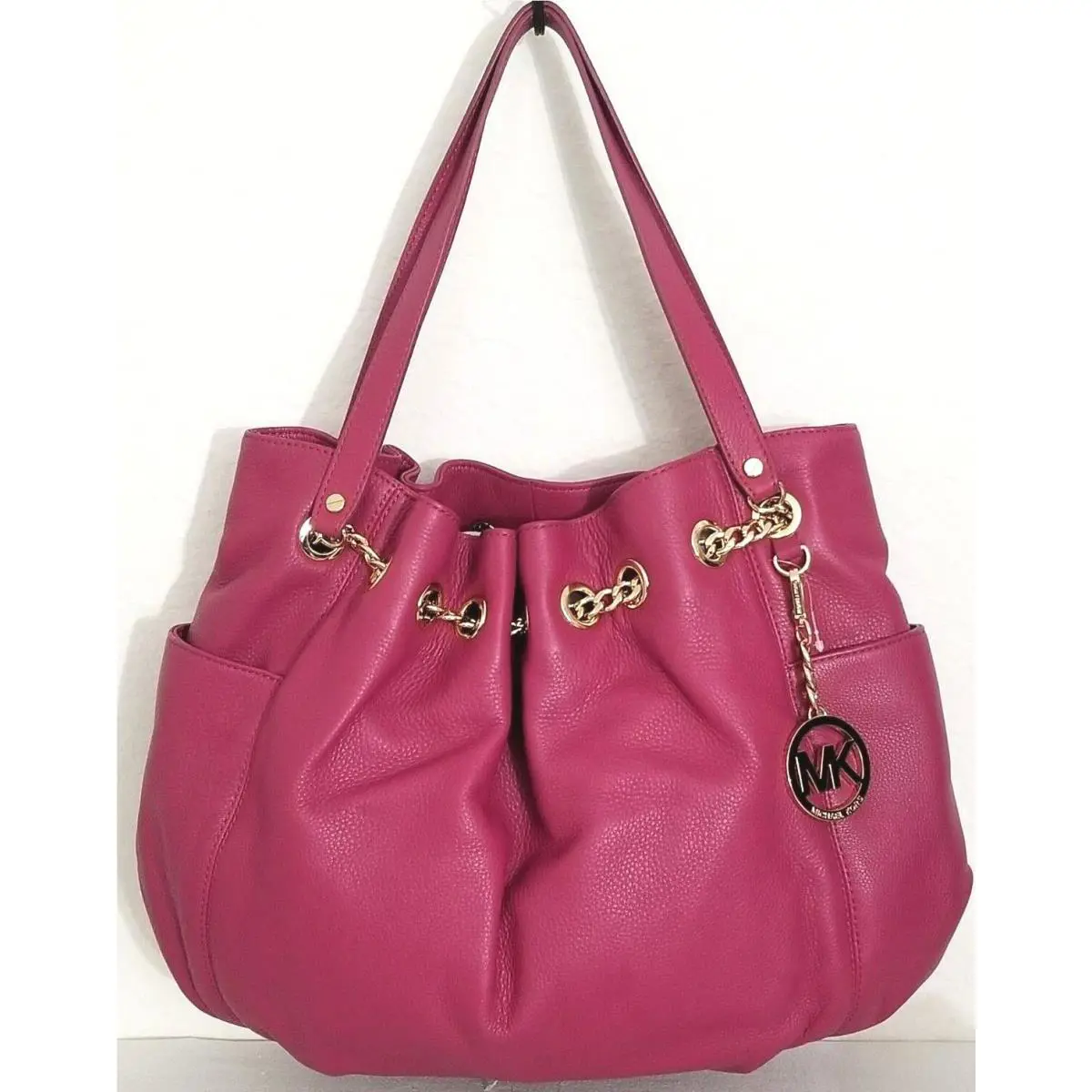 Michael Kors Jet Set Gold Chain Large Peony Pink Leather Ring Tote Bag