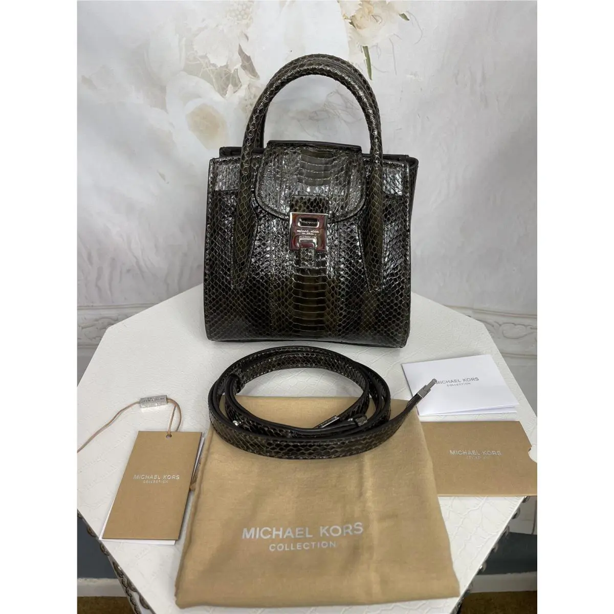 Michael Kors Collection Mini Snakeskin Bancroft Bag - Exterior: Spruce, Manufacturer: Spruce, Lining: Black