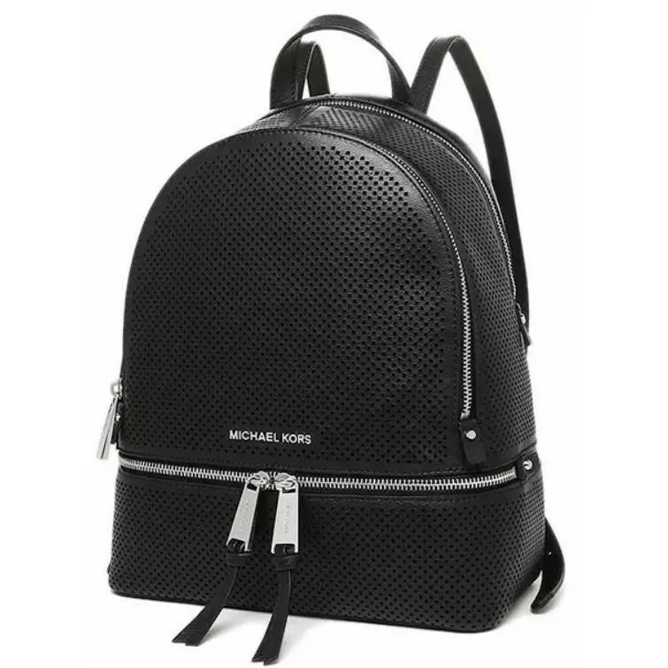 Michael Kors Rhea Zip Medium Backpack Black Leather Silver Travel Bag