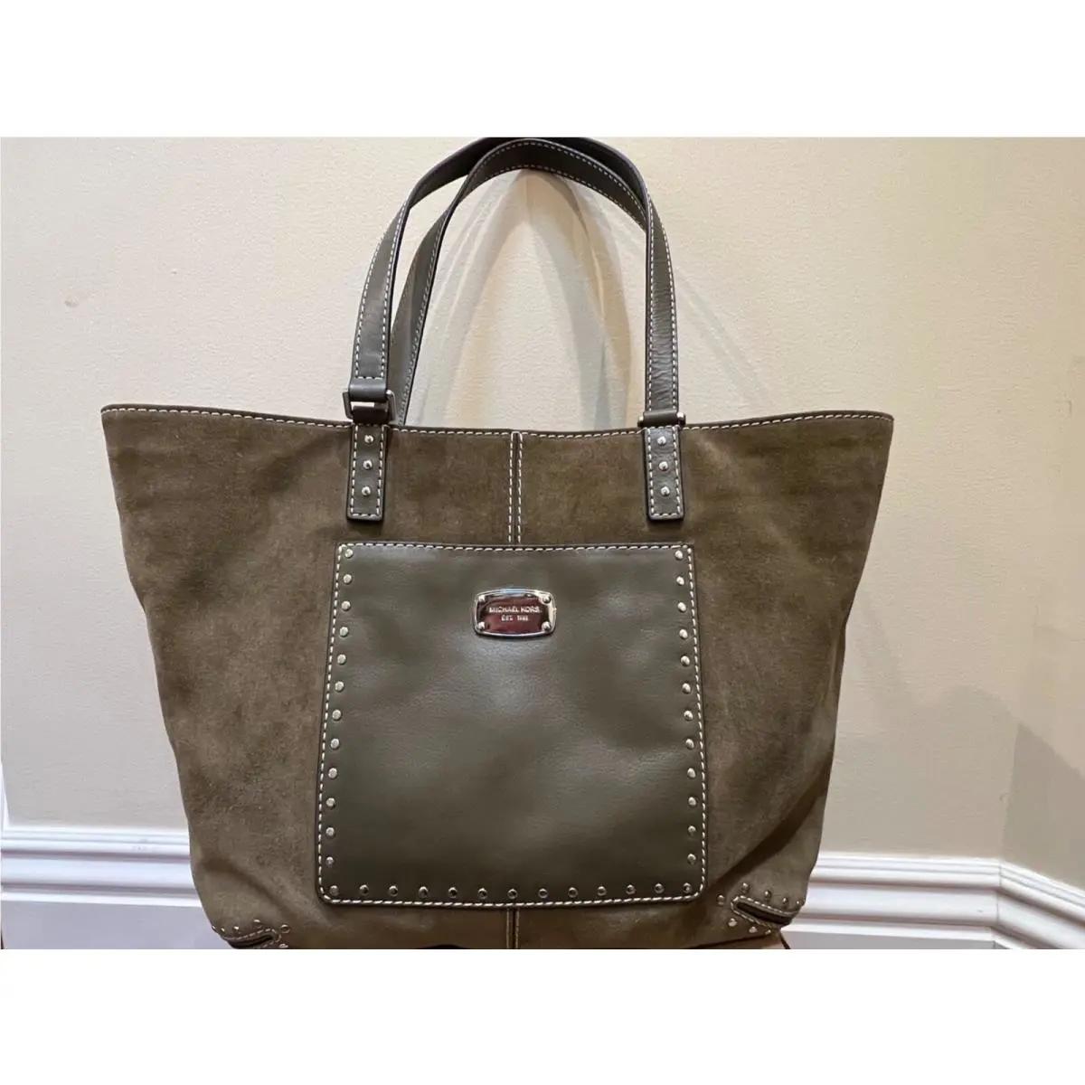 Michael Kors Astor Leather Trimmed Suede Large Tote Olive Green