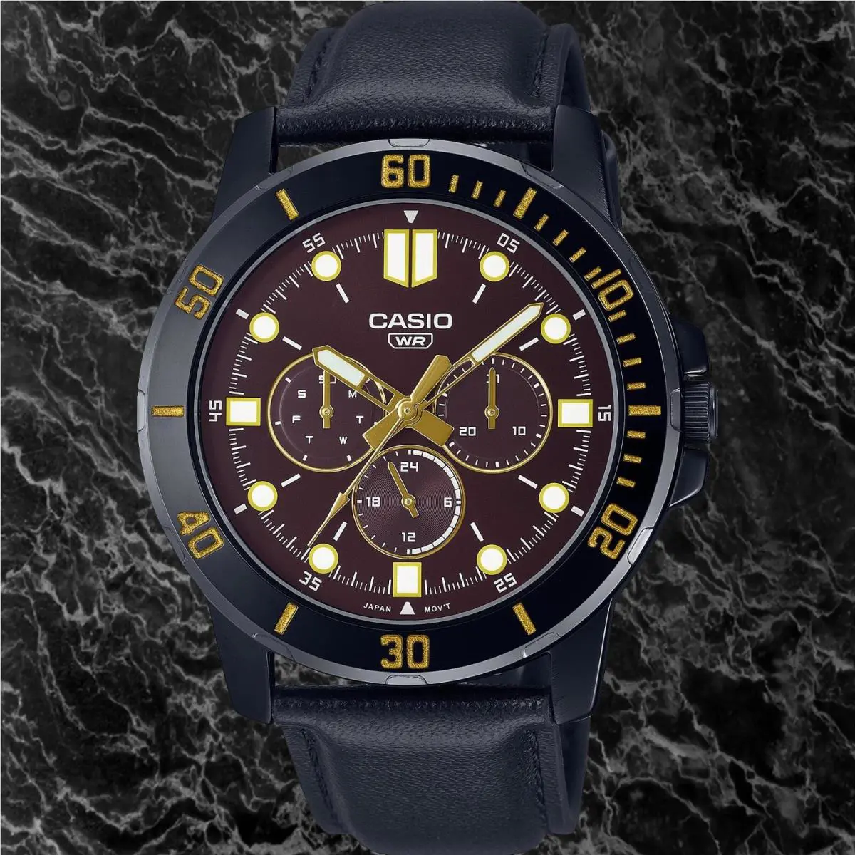Casio MTP-VD300BL-5E Men`s Red Dial Analog Watch Black Leather Band