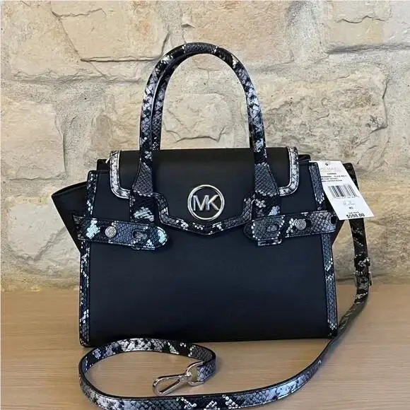 Michael Kors Carmen Medium Flap Satchel Shoulder Bag MK Black Multi
