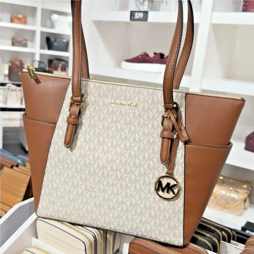 Michael Kors Charlotte Large Logo Monogram Top Zip Shoulder Tote Bag Vanilla