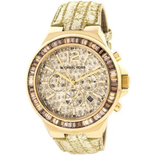 Michael Kors Gramercy Metallic Python Leather+gold Chrono+crystals Watch MK2304