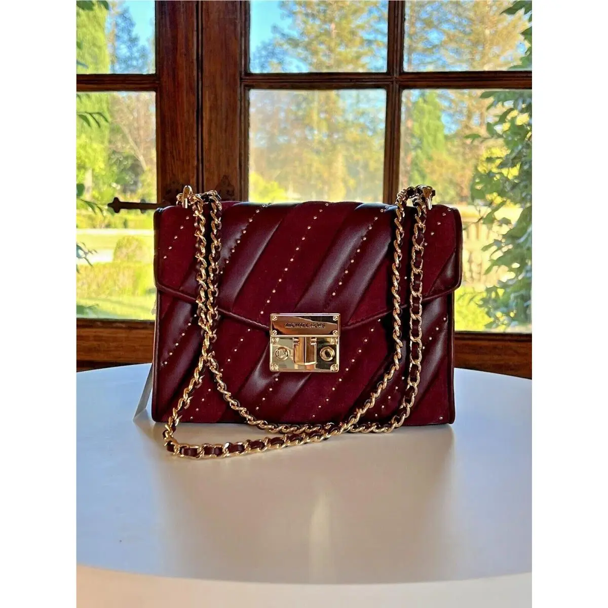 Michael Kors Rose Medium Flap Studded Shoulder Bag Crossbody Suede Leather