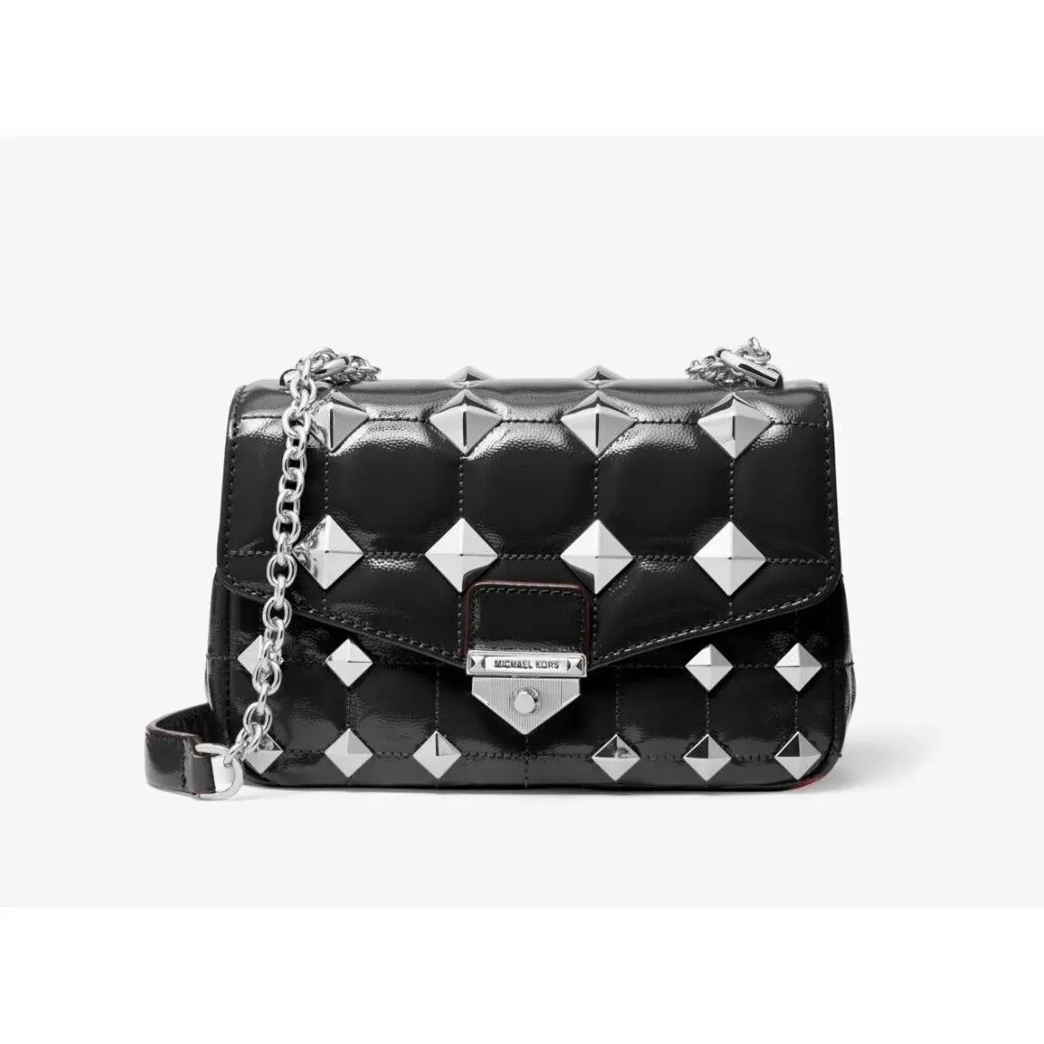 Michael Kors Small Soho Black Quilted Patent Leather Silver Studs Chain X-body