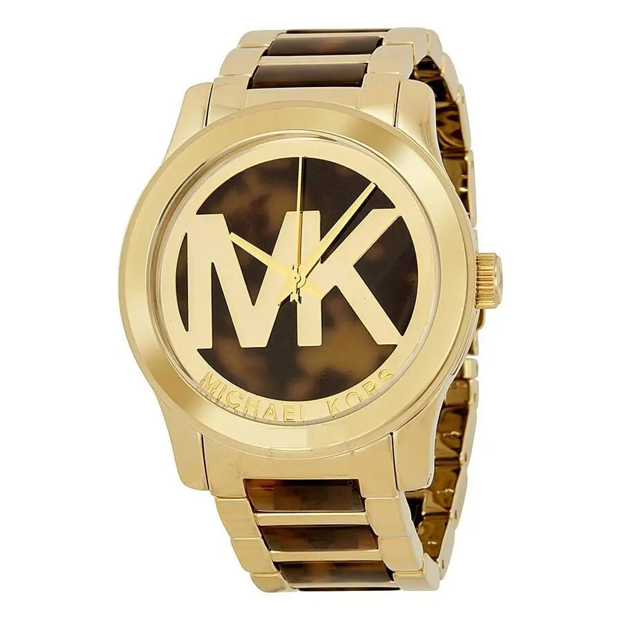 Michael Kors Runway Gold Tone Tortoise Brown Logo MK Bracelet Watch MK5788 - Dial: Brown, TORTOISE, Band: Brown, Gold, Bezel: Gold