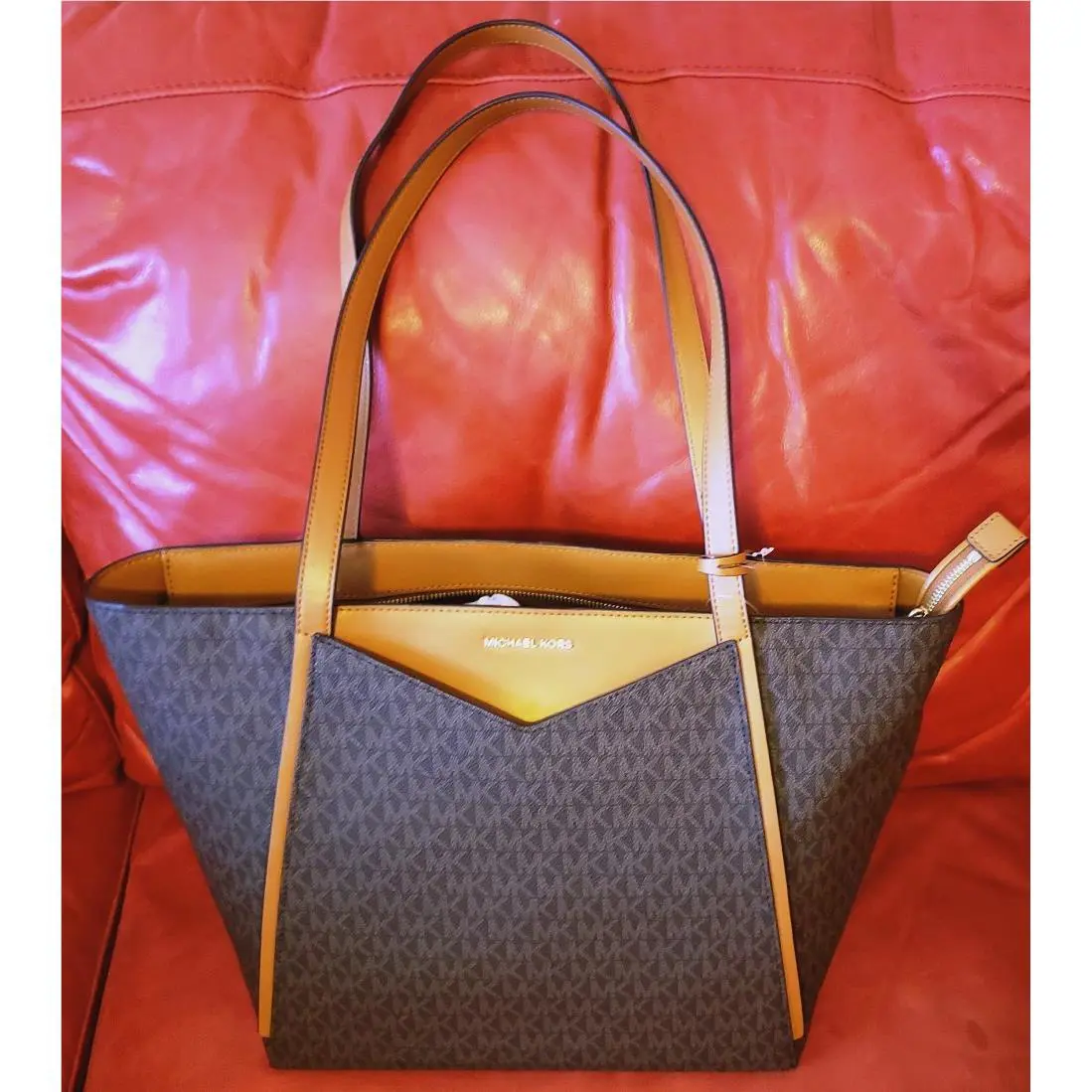 Genuin2 Michael Kors MK Whitney Large Tote Shopper Logo Handbag Brown Tan