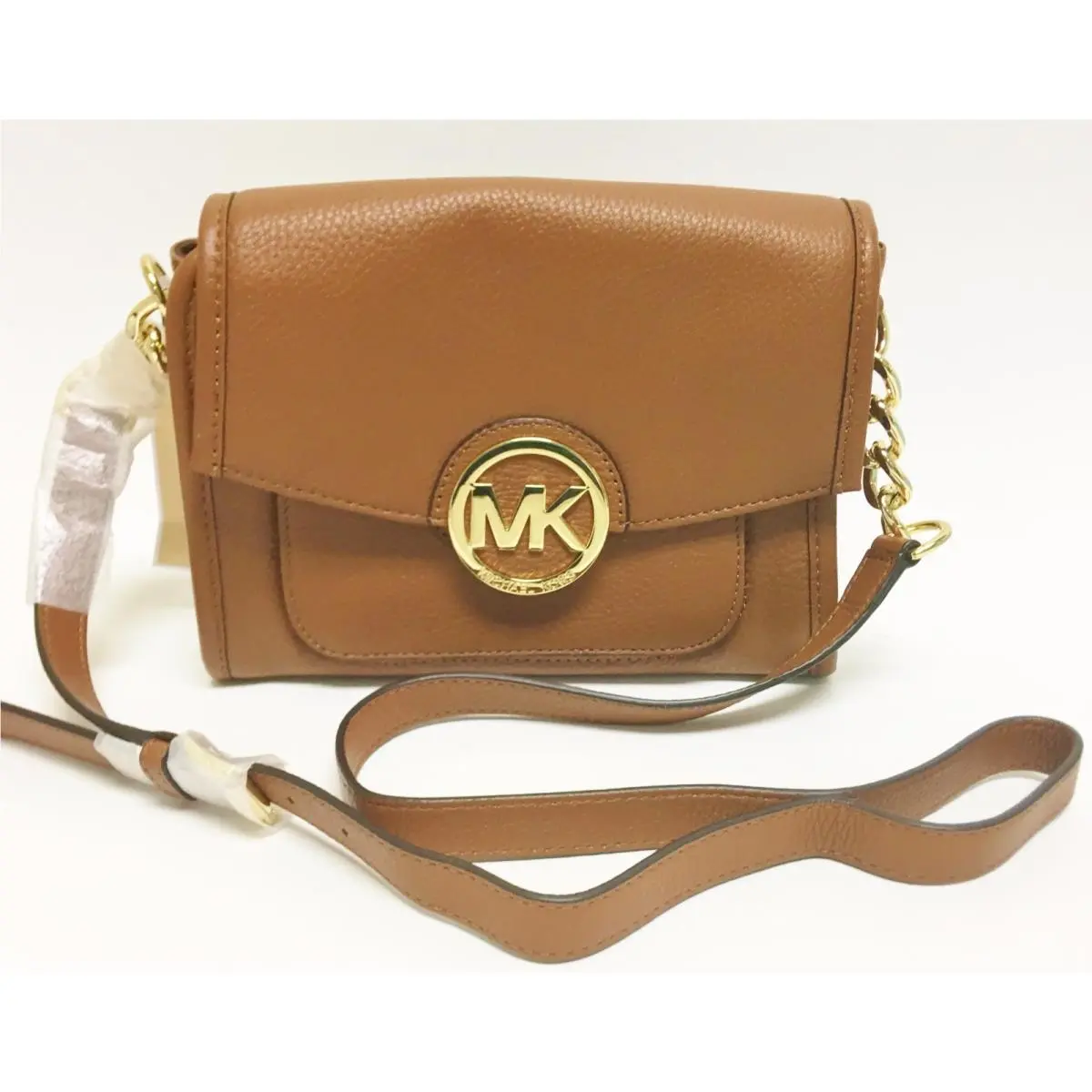 New-michael Kors Margo Luggage Brown Leather Gold Chain Messenger Crossbody Bag