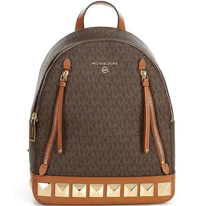 Michael Kors Brooklyn Backpack Brown Logo Pyramid Stud Travel School Bag