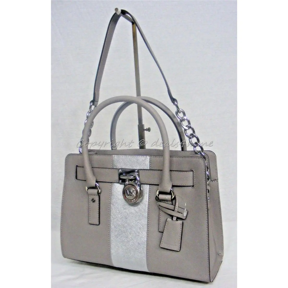 Michael Kors Metallic Center Stripe Hamilton East West Satchel Pearl Grey/silver