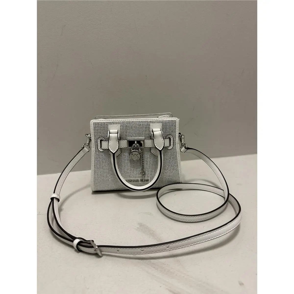 Michael Kors Hamilton Extra-small Crystal Embellished Washed White Denim Satchel
