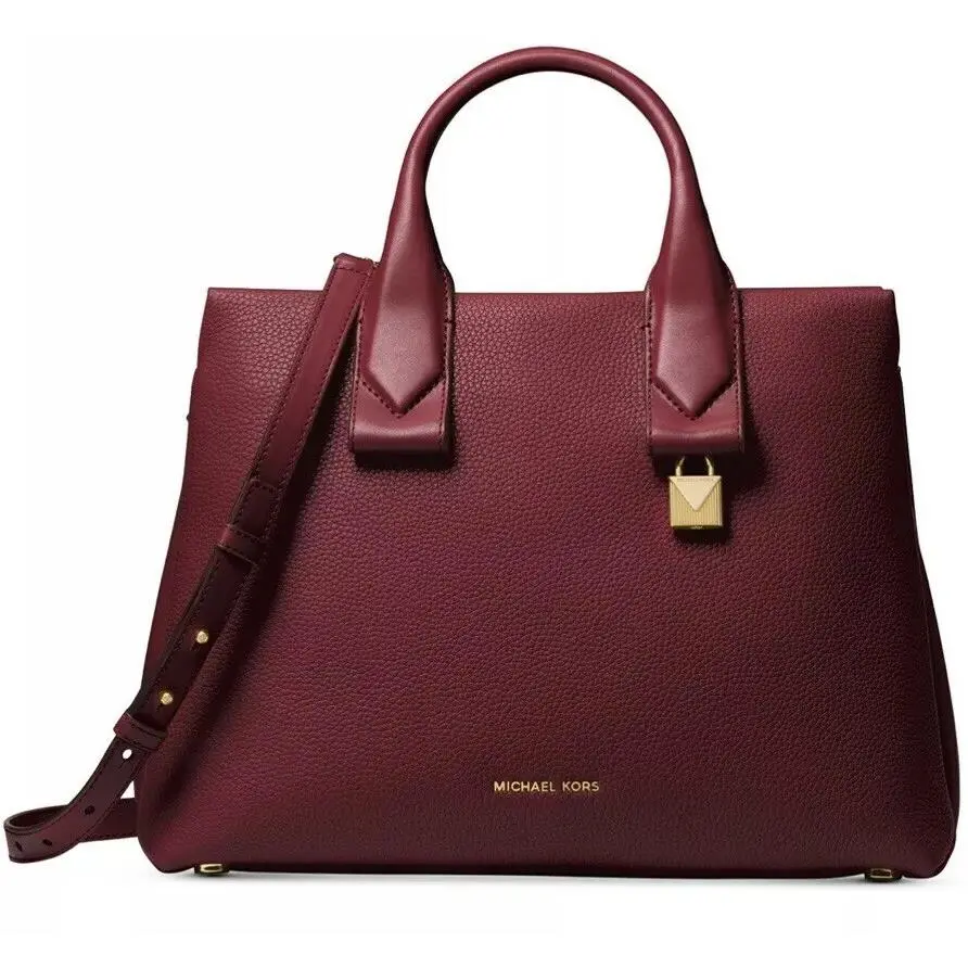 Michael Kors Rollins Medium Python Embossed Satchel Bag Leather Gold Oxblood