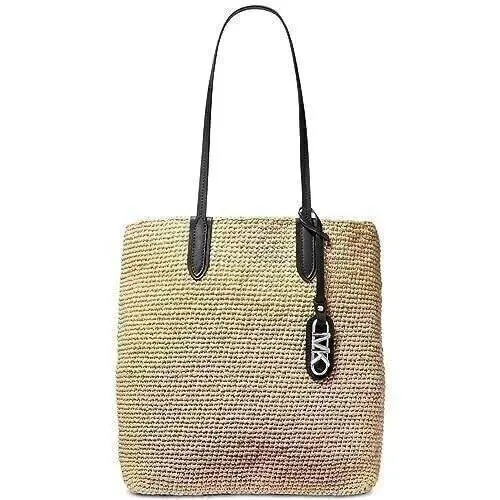 Michael Kors Women`s Eliza Large Straw Tote Handbag with Pouch Natural Black