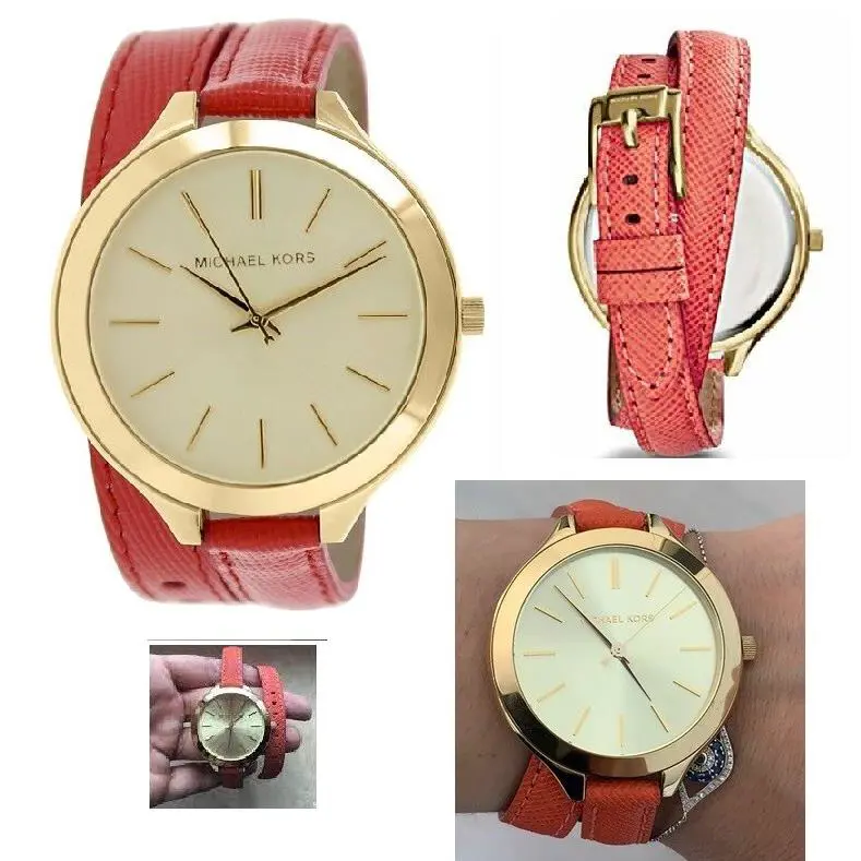 New-michael Kors Double Wrap Around Orange Leather Band Round Dial Watch MK2332