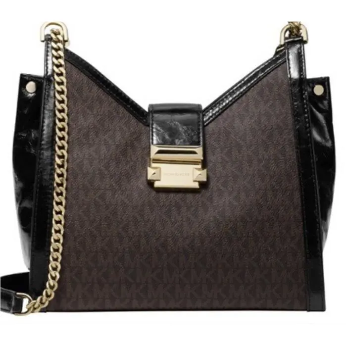 Michael Kors Whitney Chain Polished Leather Shoulder Bag Brown Gold Tote