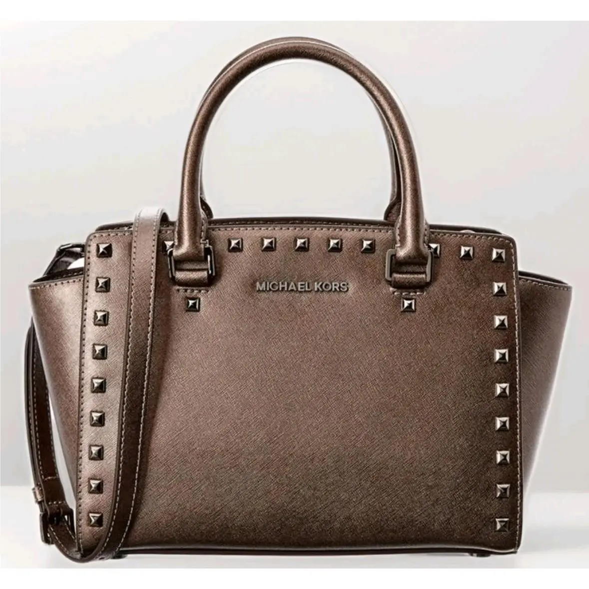 Michael Kors Selma Stud Metallic Cinder Saffiano Crossbody Satchel Bag