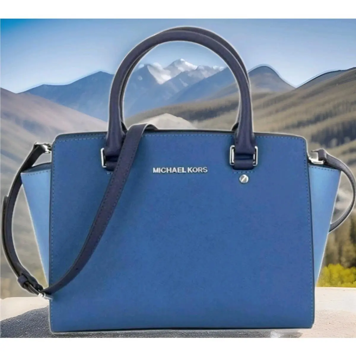 Michael Kors Selma Steel Sky Navy Blue Leather Crossbody Med Satchel Bag